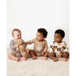 Bonfino 100% Cotton Knit Full Sleeves Striped & Teddy Bear Printed Onesies Pack of 3 - White Brown & Off White