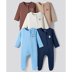 Bonfino Cotton Knit Full Sleeves Footed Sleepsuit With Animal Print Pack Of 5 - Multicolour