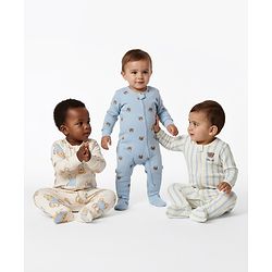 Bonfino 100% Cotton Knit Full Sleeves Footed Sleepsuit With Animal Print Pack Of 3 - Off White Light Blue & White