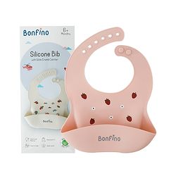 Bonfino Silicone Bib with Wide Crumb Catcher - Pink| Food-Grade| BPA-Free| 5-Gear Neck Adjustment| Easy to Clean| Toddler Feeding Essential| Roll-able Travel-Friendly| for 6+ Months Boys & Girls