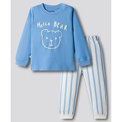 Bonfino 100% Cotton Knit Full Sleeves Nightsuit with Teddy & Stripes - Blue