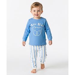 Bonfino 100% Cotton Knit Full Sleeves Nightsuit with Teddy & Stripes - Blue
