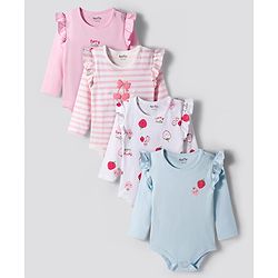 Bonfino 100% Cotton Knit Full Sleeves Onesies With Stripes & Tropical Theme Print Pack Of 4 - Multicolour