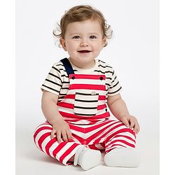 Bonfino 100% Cotton Knit Half Sleeves T-Shirt & Dungarees Set with Stripes - White Red & Grey