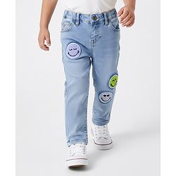 Bonfino Woven Full Length Denim Washed Jeans With Smiley Patch - Blue