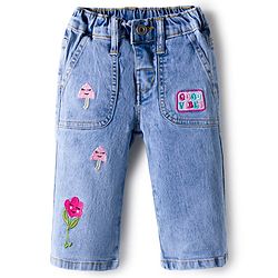 Bonfino Woven Full Length Wide Leg Denim Washed Jeans With Floral Embroidery - Blue