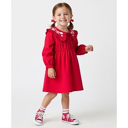 Bonfino 100% Cotton Corduroy Woven Full Sleeves Peter Pan Collar Dress with Floral Embroidery Details - Red