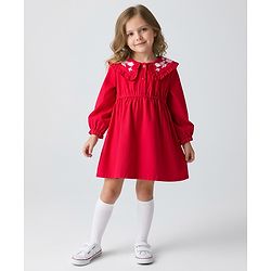 Bonfino 100% Cotton Corduroy Woven Full Sleeves Peter Pan Collar Dress with Floral Embroidery Details - Red