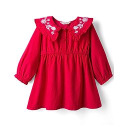 Bonfino 100% Cotton Corduroy Woven Full Sleeves Peter Pan Collar Dress with Floral Embroidery Details - Red