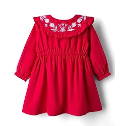 Bonfino 100% Cotton Corduroy Woven Full Sleeves Peter Pan Collar Dress with Floral Embroidery Details - Red