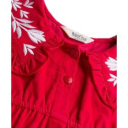 Bonfino 100% Cotton Corduroy Woven Full Sleeves Peter Pan Collar Dress with Floral Embroidery Details - Red