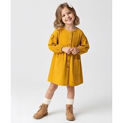 Bonfino 100% Cotton Corduroy Woven Full Sleeves Drop Shoulder & Front Open Solid Dress with Pockets - Yellow