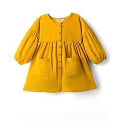 Bonfino 100% Cotton Corduroy Woven Full Sleeves Drop Shoulder & Front Open Solid Dress with Pockets - Yellow