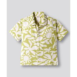 Bonfino Woven Half Sleeves Drop Shoulder Resort Collar Printed Shirt - Light Green