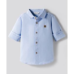 Bonfino 100% Cotton Knit Full Sleeves Oxford Shirt With Embroidery Details - Light Blue