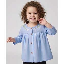 Bonfino 100% Cotton Woven Three Fourth Sleeves Frock Style Top with Floral Embroidery - Light Blue