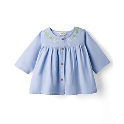 Bonfino 100% Cotton Woven Three Fourth Sleeves Frock Style Top with Floral Embroidery - Light Blue
