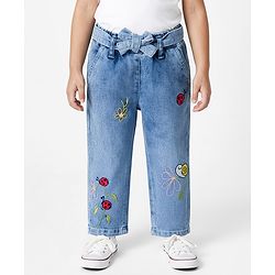 Bonfino Woven Full Length Denim Washed Jeans With Floral Embroidery - Light Blue