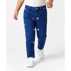 Bonfino Woven Full Length Washed Jeans With Heart Embriodery - Navy Blue