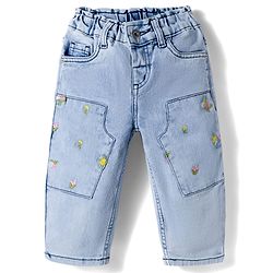 Bonfino Woven Full Length Washed Jeans With Floral Embroidery - Light Blue