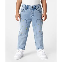 Bonfino Woven Full Length Washed Jeans With Floral Embroidery - Light Blue