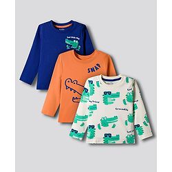 Bonfino 100% Cotton Knit Full Sleeves T-Shirts with Crocodile Print Pack of 3 - Navy Blue Orange & White
