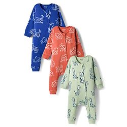 Bonfino 100% Cotton Knit Full Sleeves Front Open Rompers with Animal Print Pack of 3 - Blue Orange & Light Green