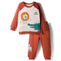 Bonfino Boys 100% Cotton Knit Full Raglan Sleeves T-Shirt & Cargo Jogger Set with Color Block Design & Animal Print - Rust Orange & Cream
