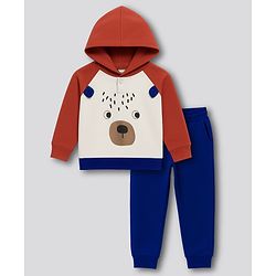 Bonfino 100% Cotton Knit Full Sleeves Drop Shoulder Oversized Hooded Raglan Full Sleeves Hooded T-Shirt & Cargo Jogger Set With Teddy Print - Rust Orange & Navy Blue