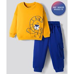 Bonfino 100% Cotton Knit Drop Shoulder Oversized Full Sleeves T-Shirt & Jogger Set With Lion Print - Yellow, Navy Blue