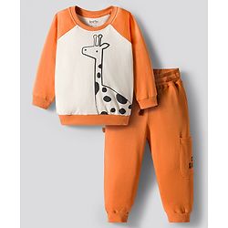 Bonfino 100% Cotton Knit Full Raglan Sleeves T-Shirt & Cargo Jogger Set With Animal Print - Orange & White