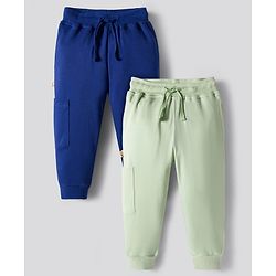 Bonfino 100% Cotton Knit Full Length Solid Colour Cargo Jogger Pack Of 2 - Navy Blue & Light Green