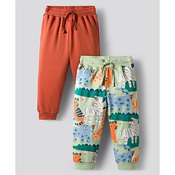 Bonfino 100% Cotton Knit Full Length Joggers with Animal Print Pack of 2 - Rust Orange & Light Green