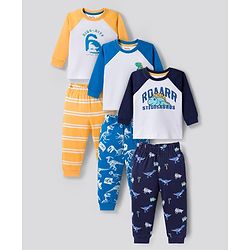 Bonfino 100% Cotton Knit Raglan Full Sleeves Night Suit With Text Print Pack Of 3 - Yellow Blue & Navy Blue