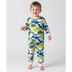 Bonfino 100% Cotton Knit Full Sleeves Co-Ord Night Suit with Dino Print - White