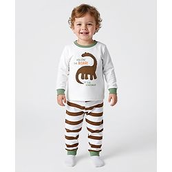 Bonfino 100% Cotton Knit Full Sleeves Night Suit with Dino & Stripes Print - White