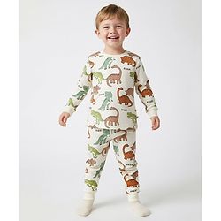 Bonfino 100% Cotton Knit Full Sleeves Co-Ord Nightsuit with Dino Print - Offwhite