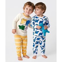 Bonfino 100% Cotton Knit Full Sleeves Co-Ord Night Suit with Dino Print Pack of 2 - Blue & White