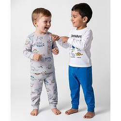 Bonfino Cotton Knit Full Sleeves Dino Printed Co-ord Night Suits Pack of 2 - White Blue & Grey Melange