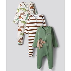 Bonfino 100% Cotton Knit Full Sleeves Footed Sleepsuits With Dino Print & Stripes Pack Of 3 - White & Olive Green