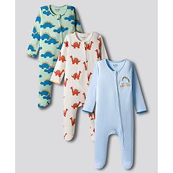 Bonfino 100% Cotton Kit Full Sleeves Footed Sleep Suits with Dino Print Pack of 3 - Light Blue Off White & Green