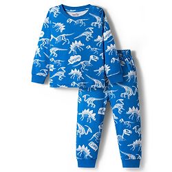 Bonfino 100% Cotton Knit Full Sleeves Co-ord Night Suit With Dino Print - Blue