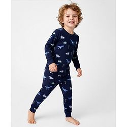 Bonfino 100% Cotton Knit Full Sleeves Co-Ord Night Suit with Dino Print - Navy Blue