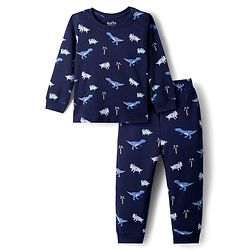Bonfino 100% Cotton Knit Full Sleeves Co-Ord Night Suit with Dino Print - Navy Blue