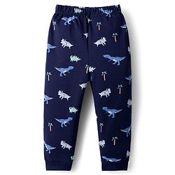 Bonfino 100% Cotton Knit Full Sleeves Co-Ord Night Suit with Dino Print - Navy Blue