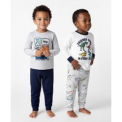 Bonfino Cotton Knit Full Sleeves Night Suits with Dino Print Pack of 2 - Grey White & Navy Blue