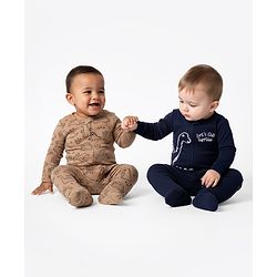 Bonfino 100% Cotton Full Sleeves Footed Sleepsuits With Dino Print Pack Of 2 - Navy Blue & Peach