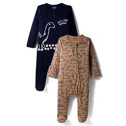 Bonfino 100% Cotton Full Sleeves Footed Sleepsuits With Dino Print Pack Of 2 - Navy Blue & Peach