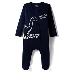 Bonfino 100% Cotton Full Sleeves Footed Sleepsuits With Dino Print Pack Of 2 - Navy Blue & Peach