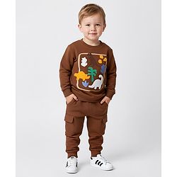 Bonfino 100% Cotton Knit Full Sleeves Drop Shoulder Oversized Chest Printed Full Sleeves T-Shirt & Cargo Jogger Set With Dino Print - Brown